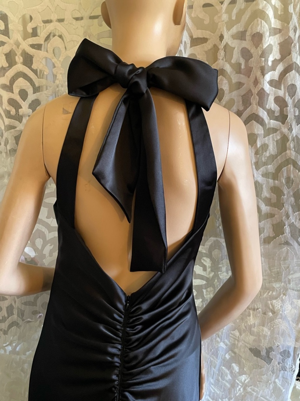 Xscape Evenings Black Halter Tie Neck Satin Sheath Gown size 4 - Picture 8 of 13